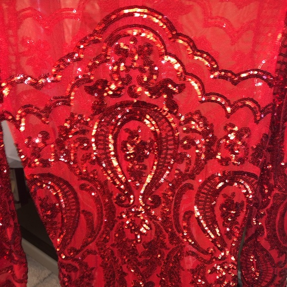 Red mesh sequin long sleeve past knee dress - Picture 4 of 9